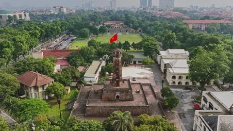 Aerial View of Hanoi Flag Tower and Historic Imperial Citadel in Vietnam Stock Footage 341807623