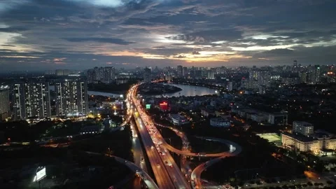 Aerial View of Hanoi Ring Road 3 Interchange with Phap Van Expressway at Dusk Stockbeeldmateriaal 344743022