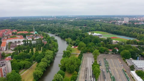 Aerial View of Hanover Cityscape with River and Greenery Stock-Footage 338987853
