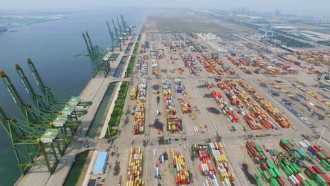 Aerial View of Harbor with cargo containers,Tianjin,China. Stock Footage