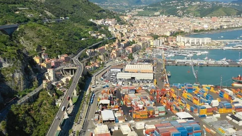 Aerial view of the harbor, container terminal and ships Stock Footage 111838873