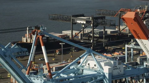 Aerial view of harbor cranes and container ships at Port Elizabeth, New Jersey. Stock Footage 59182270