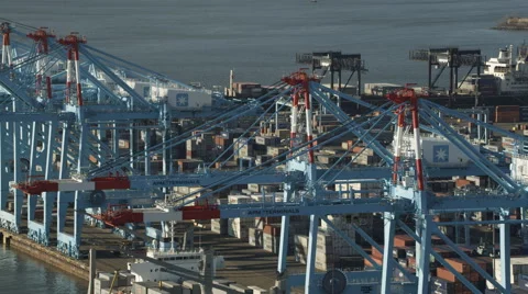 Aerial view of harbor cranes at Port Elizabeth, New Jersey. Shot in 2011. Stock Footage 59182217