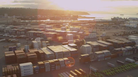 Aerial view Harbor Island Container docks, Port of Seattle Stock Footage