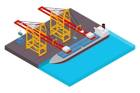 Aerial view of harbor waterfront and maritime terminal with container ship Stock Illustration