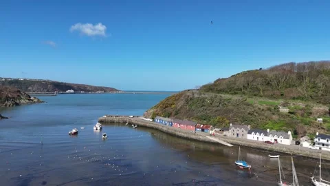 Aerial View Of Harbour Serenity in Lower Town, Fishguard, UK Stock-Footage 332067908
