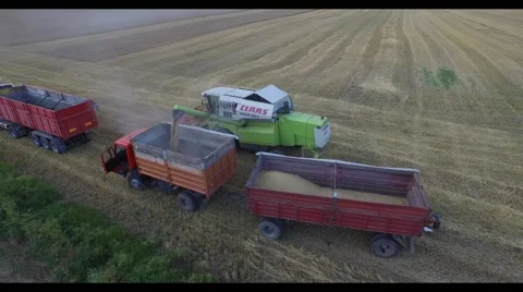 Aerial view of harvester ejects grain into a truck Stock Footage 51672779
