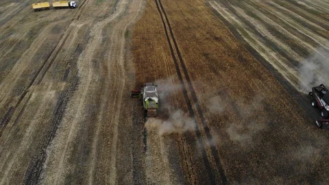 Aerial view of a harvester machine. comb... | Stock Video | Pond5