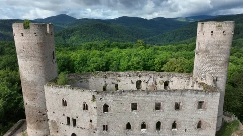 Aerial view, Haut-Andlau Castle, Vosges Mountains, France. Backward, low. Stock Footage 318166344