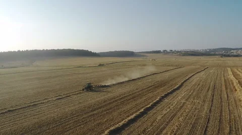 Aerial view of hay rake pulling by tractor at mooring sun Stock-Footage 52670477