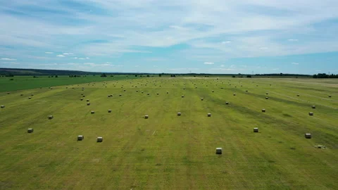 Aerial view of Haystack on field. Hay bale from residues grass. Hay stack for Stock-Footage 171768326