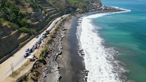 Aerial view of heavy excavators clearing a massive landslide Stock Footage 345197836