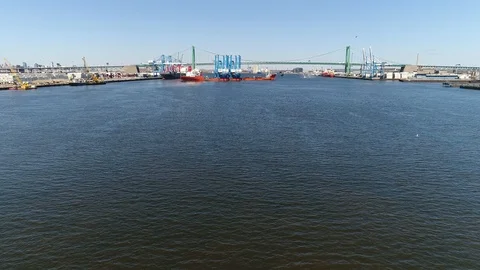 Aerial View of Heavy Load Carrier Ship Delivering Gantry Cranes Philadelphia Stock Footage 87897152