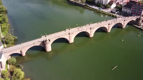 Aerial view of heidelberg bridge and river, at sunset with slow camera lift up. Stock Footage 237051663
