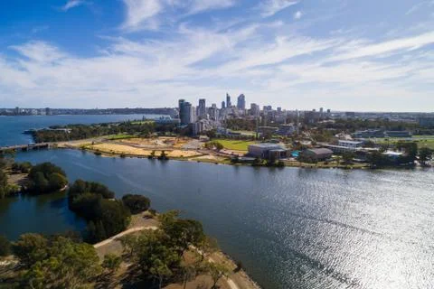Aerial view Heirisson Island, Perth CBD and Swan River. Perth, Western Australia Stock Photos