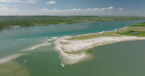Aerial View of Hel Peninsula Sandy Spit With Turquoise Waters and Lush Coastal Stock Footage 341523077