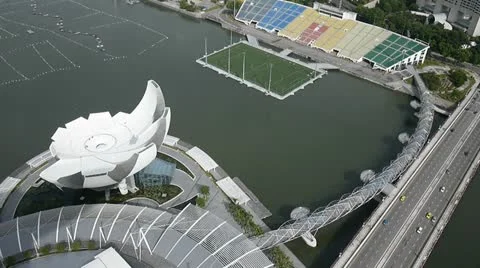 Aerial view of helix bridge, artscience museum in singapore Stock Footage 18350718
