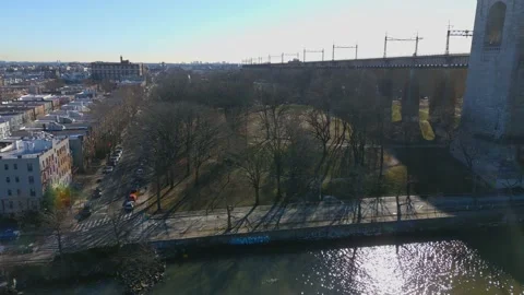 Aerial View of the Hell Gate Bridge and Astoria Park - Part 2 Video stock 168631628