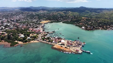 Aerial view of Hell-Ville harbor and port, Nosy Be, Madagascar Stock Footage 325561798
