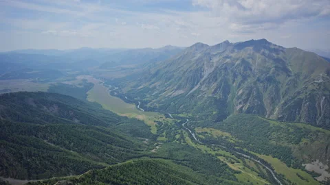 Aerial view of Hemu River Canyon from Yunxiao Peak Altay Xinjiang Stock Footage 344527770