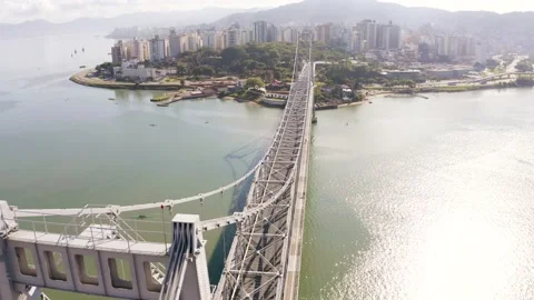 Aerial view of hercilio luz bridge early in the morning, Florianópolis, Brazil. Stock Footage 193678073
