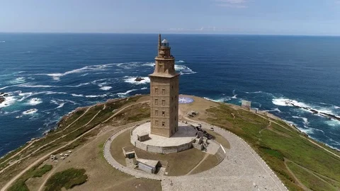 Aerial View of Hercules Tower in A Coruna, Galícia, Spain Stock Footage 78298601