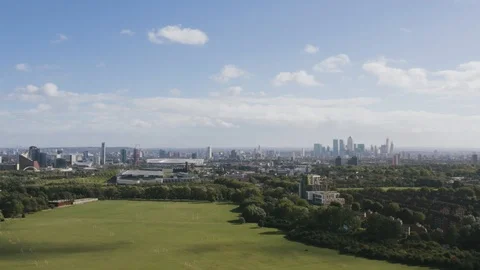 Aerial view of Here East and Hackney Marshes Centre London from drone Stock Footage