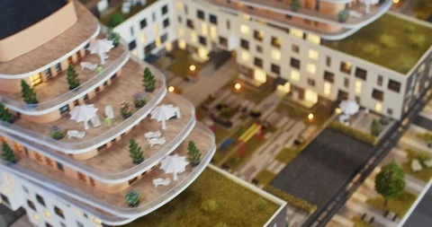 Aerial view of hi-tech office building on 3d city model maquette. Closeup macro Vídeos de archivo 120739743