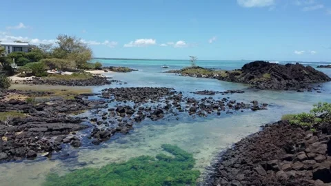Aerial view of hidden gem — wild tropical paradise with coral reef, Mauritius Stock Footage 304042035
