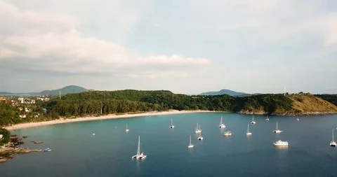 Aerial view high above sailing boats in Phuket, Thailand. Stock Footage 85581797