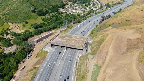 Aerial View High Angle Forward Dolly Shot of Wallis Annenberg Wildlife Crossing Stock Footage 335551057