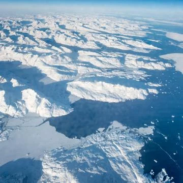 Aerial view, high angle view of polar landscape and sea, Iceland, Europe. Stock Photos
