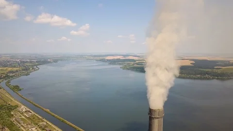 Aerial view of high chimney pipes with g... | Stock Video | Pond5