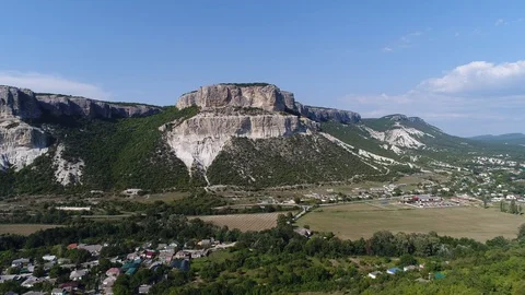 Aerial view. High huge table mountains and beautiful white rocks in Crimea.  Stock Footage 94442696