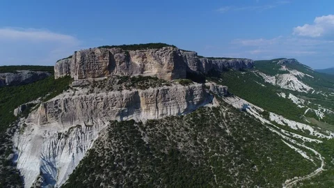Aerial view. High huge table mountains and beautiful white rocks in Crimea.  스톡 동영상 94442897