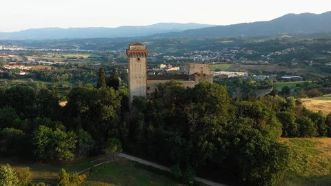 Aerial view of high medieval stone ancient fortress located on a high hill Stock Footage 113353531