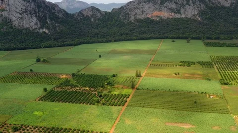 Aerial view. High mountain views and the verdant farmland of the countryside  Stock Footage 112063043