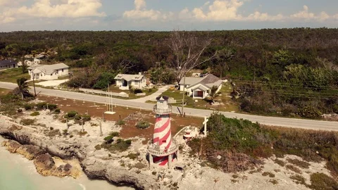 Aerial View of High Rock Lighthouse and Coast, Grand Bahama, Bahamas Stock Footage 104242672