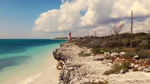 Aerial View of High Rock Lighthouse and Coast, Grand Bahama, Bahamas Stock Footage 104243095