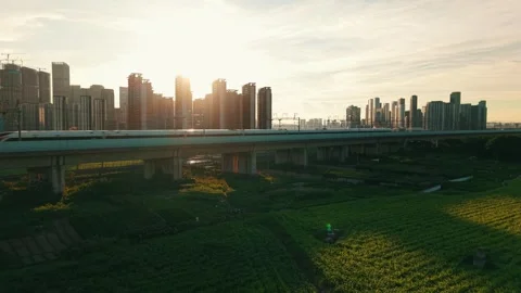 Aerial view of a high speed train travels on an elevated track past tall Stock Footage 340939914