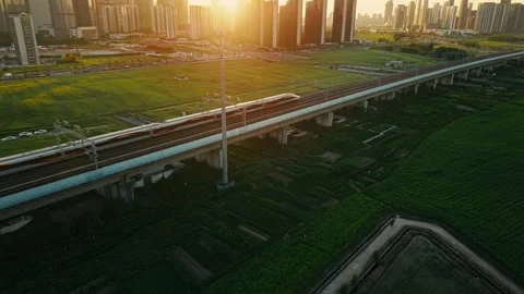 Aerial view of a high speed train travels on an elevated track past tall Stock-Footage 341836953