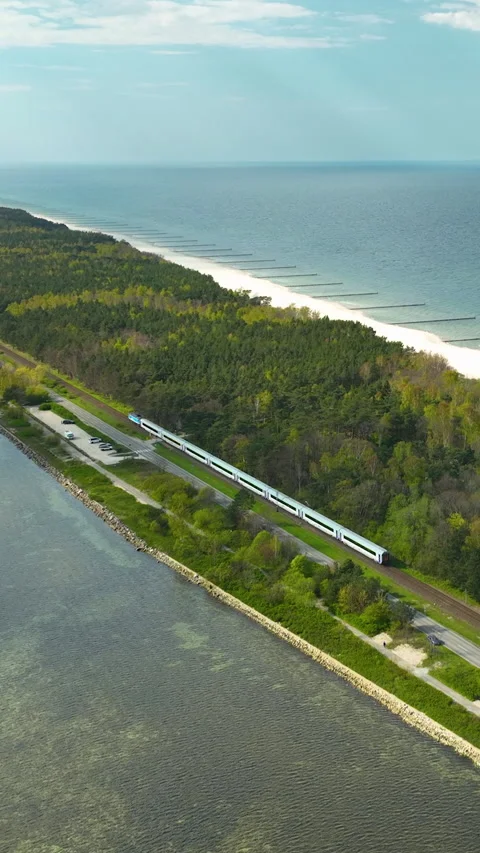 Aerial View Of High Speed Train Traveling Through Coastal Forest Near Sea Stock Footage 342250440