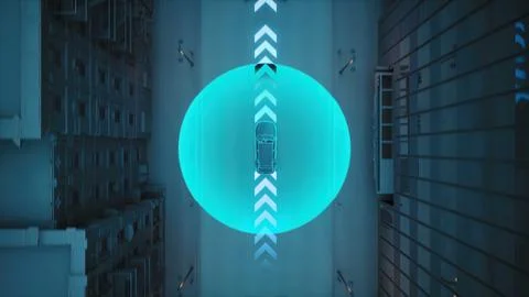 Aerial View of High Tech Autonomous Car Self Driving On Highway Emitting Waves Illustrazione stock