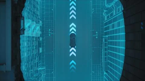 Aerial View of High Tech Autonomous Car Self Driving On Highway Emitting Waves Stock Illustration
