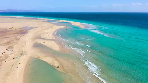 Aerial view of high tide, along the coast of Sotavento Beach. Stock Footage 284286179