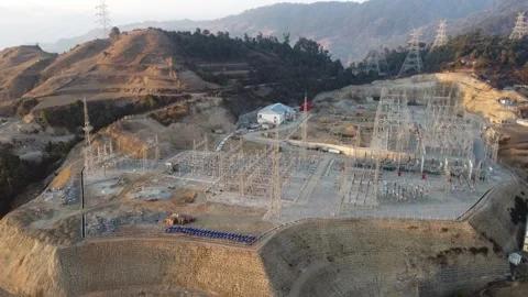Aerial view of a high voltage electrical substation in Nepal Stock Footage 264958715