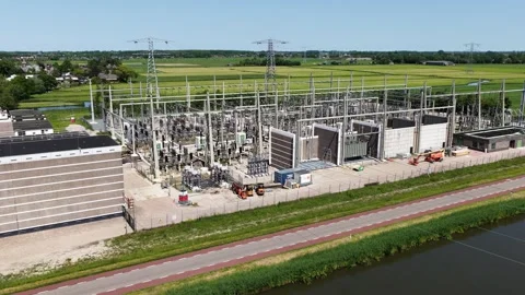 Aerial view of a high voltage electrical substation power plant Stock Footage 340871462