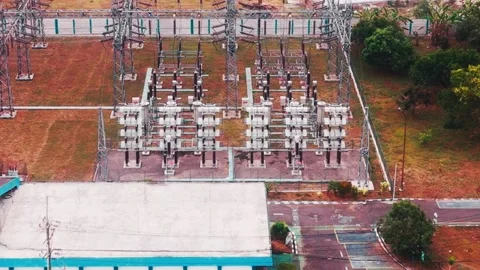 Aerial View of High Voltage Electrical Substation Stock Footage 342327878