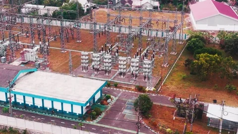 Aerial View of High Voltage Electrical Substation Stock Footage 342327954