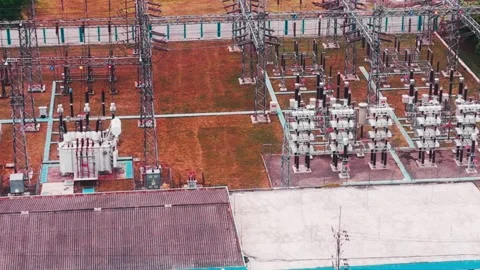Aerial View of High Voltage Electrical Substation Stock Footage 342327955